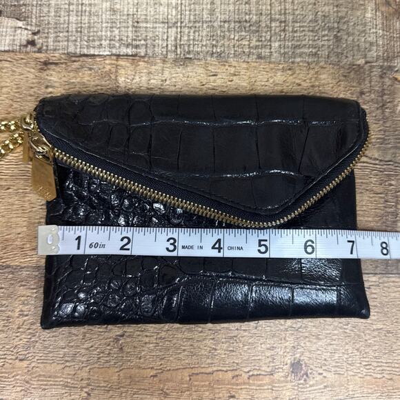 Henri Bendel Debutante Clutch Wristlet Black Crocodile Gold Chain Purple Lining